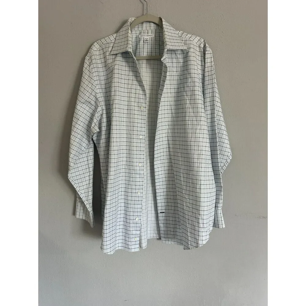 Vintage Banana Republic White Blue Windowpane Check Cotton Shirt Men's L 16-16.5